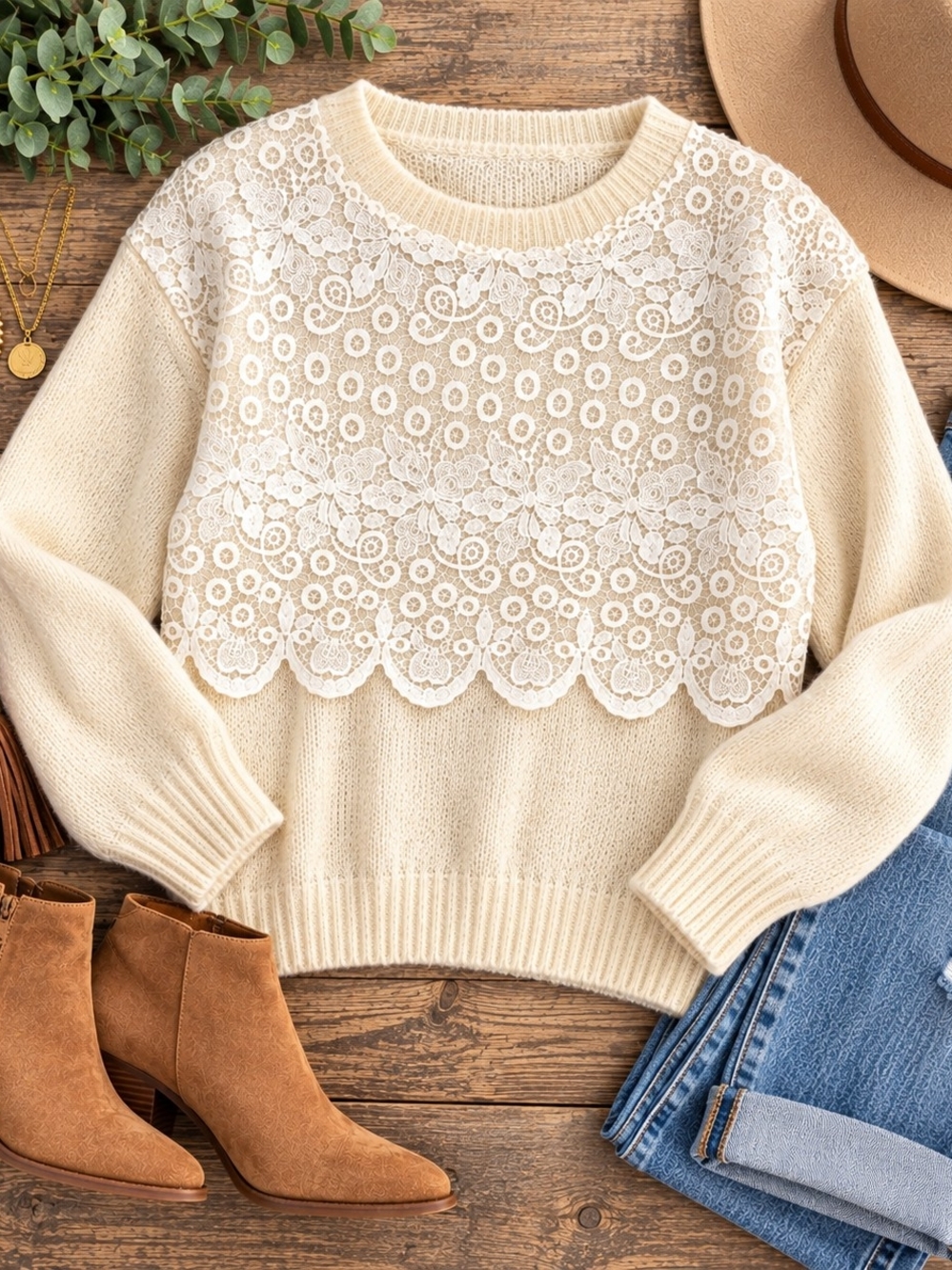 Vintage Cream Crewneck Sweater with Lace Overlay